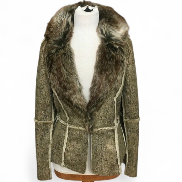 Retro Allen B Womens Y2K Penny Lane Fur Trim Coat Sz M Patchwork Seam Boho Brown